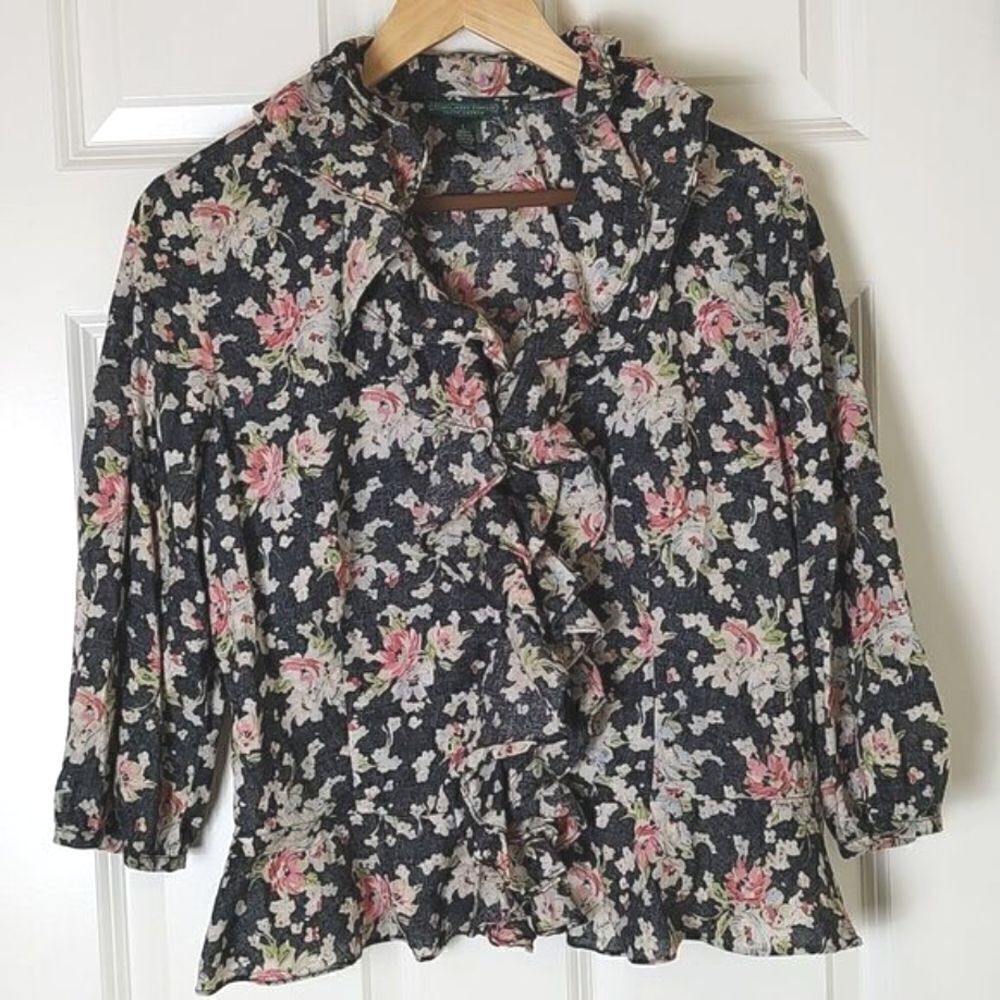 Lauren Jeans Company Black Floral 3/4 Length Sleeve Peplum Blouse Top Size L